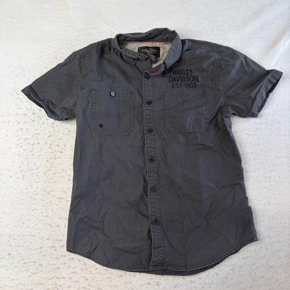 Harley Davidson Button Up Shirt Mens Size M Gray Freedom Machine Short Sleeve